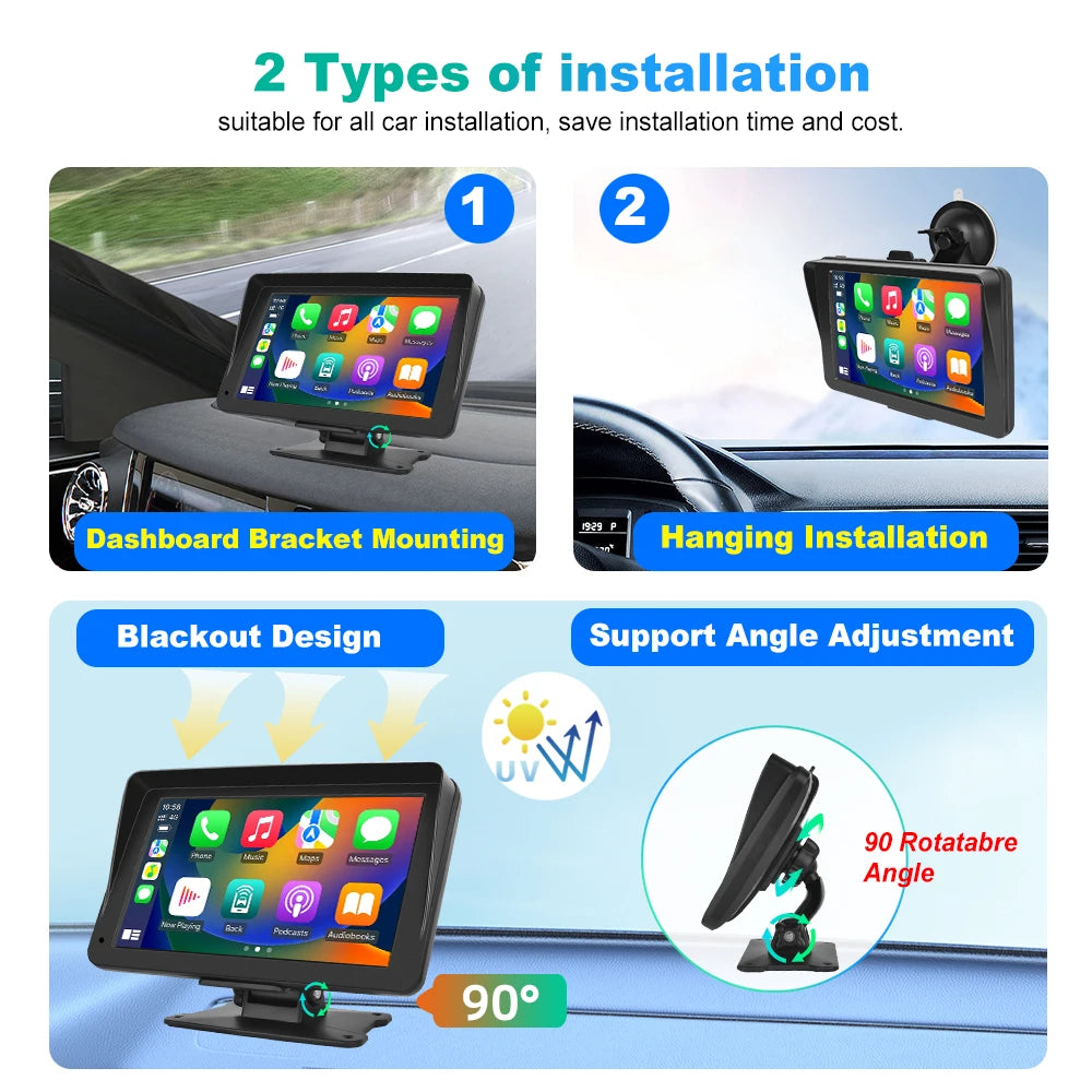 "7" Touch Screen Car Mirror with Carplay, Android Auto, Voice Control, and Dashboard DVR"