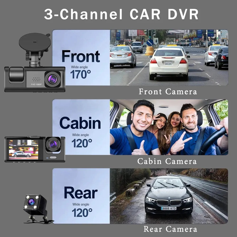 "Ultimate 3-Lens Dash Cam: Capture Every Angle with Rear View, 24H Parking Monitor & Black Box Recording!"