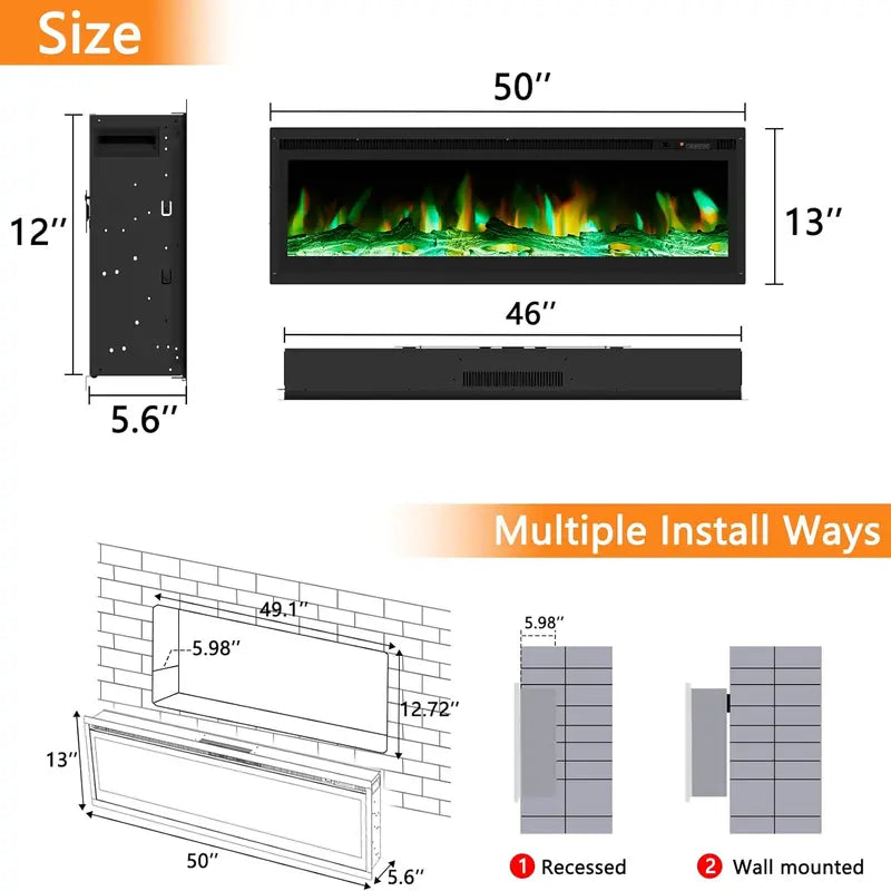 AMERLIFE 50" Electric Fireplace Inserts Recessed and Wall Mounted with Remote Control, Fireplace Heaters for Indoor Use with Timer, 9 Adjustable Flame Colors and Brightness, Log & Crystal, Black