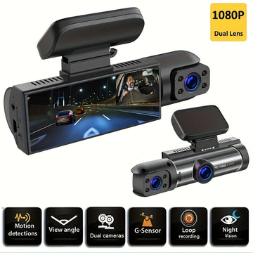 "Ultimate Dual Camera Dash Cam: 1080P Front & Interior Car Camera with Night Vision and Loop Recording"