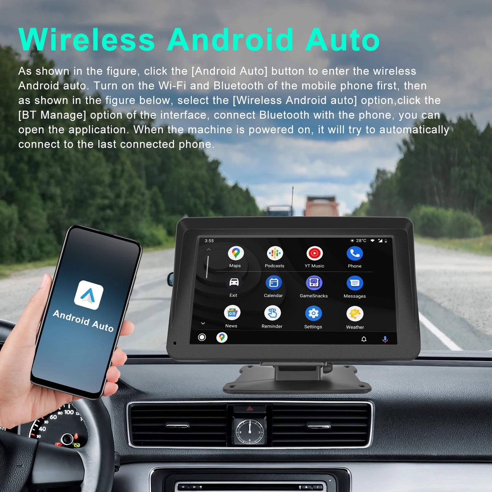 "7" Touch Screen Car Mirror with Carplay, Android Auto, Voice Control, and Dashboard DVR"