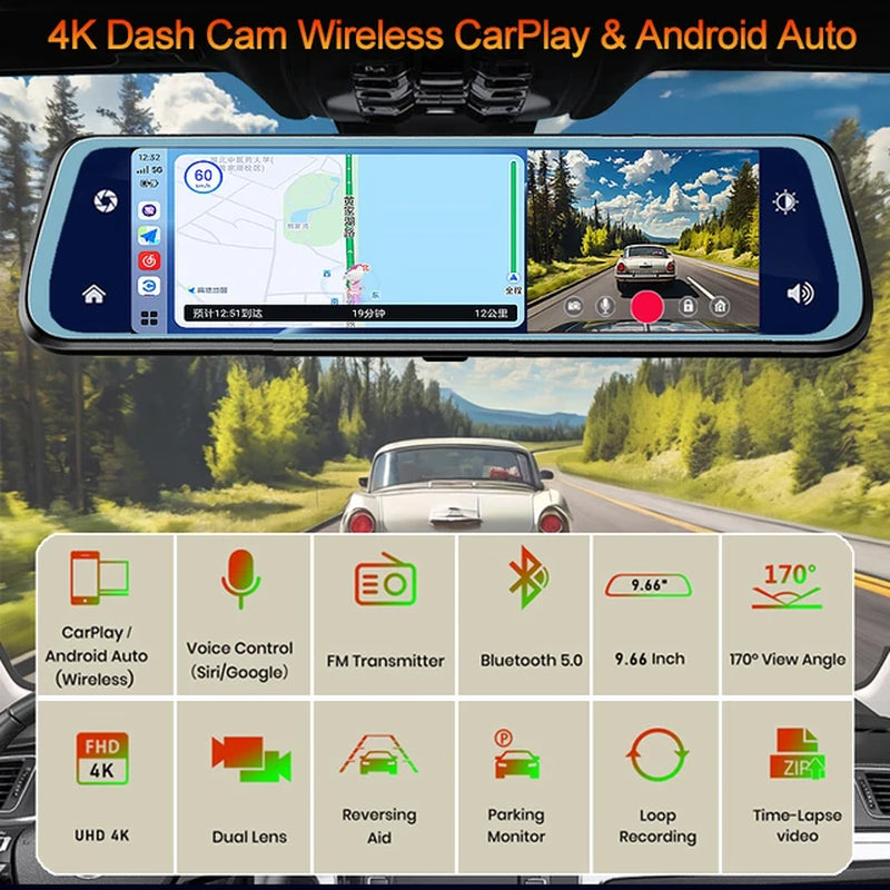 "Ultimate 4K UHD Car Dash Cam with Carplay, Android Auto, GPS, Rearview Mirror, and WIFI - Your All-in-One Car DVR Video Camera!"