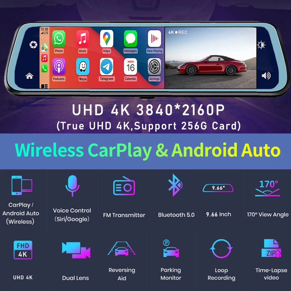 "Ultimate 4K UHD Car Dash Cam with Carplay, Android Auto, GPS, Rearview Mirror, and WIFI - Your All-in-One Car DVR Video Camera!"