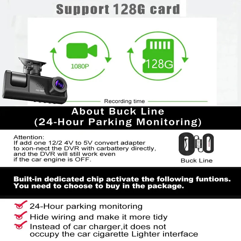 "Ultimate 3-Lens Dash Cam: Capture Every Angle with Rear View, 24H Parking Monitor & Black Box Recording!"