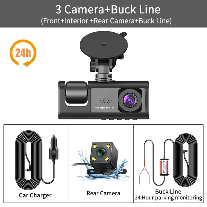 "Ultimate 3-Lens Dash Cam: Capture Every Angle with Rear View, 24H Parking Monitor & Black Box Recording!"