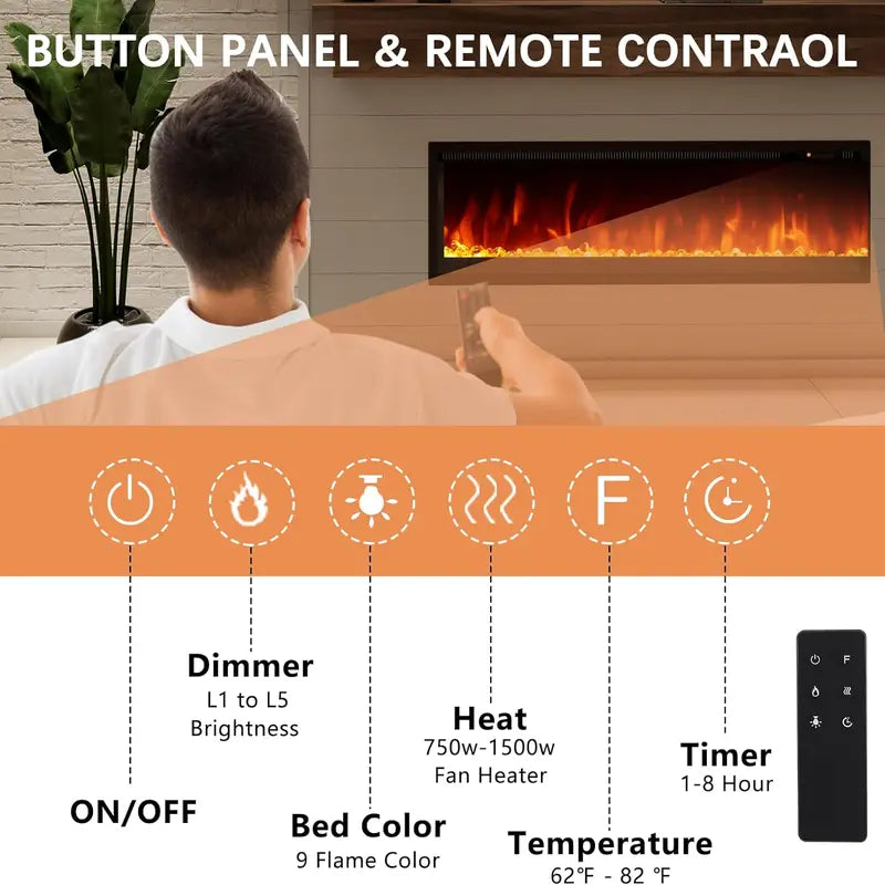 AMERLIFE 50" Electric Fireplace Inserts Recessed and Wall Mounted with Remote Control, Fireplace Heaters for Indoor Use with Timer, 9 Adjustable Flame Colors and Brightness, Log & Crystal, Black