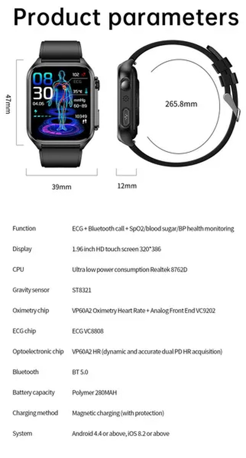 New ECG+PPG Bluetooth Call 1.96Inch Smart Watch Men Blood Sugar Pressure Health Heart Rate Fitness Man Sport Smartwatch for Ios Android