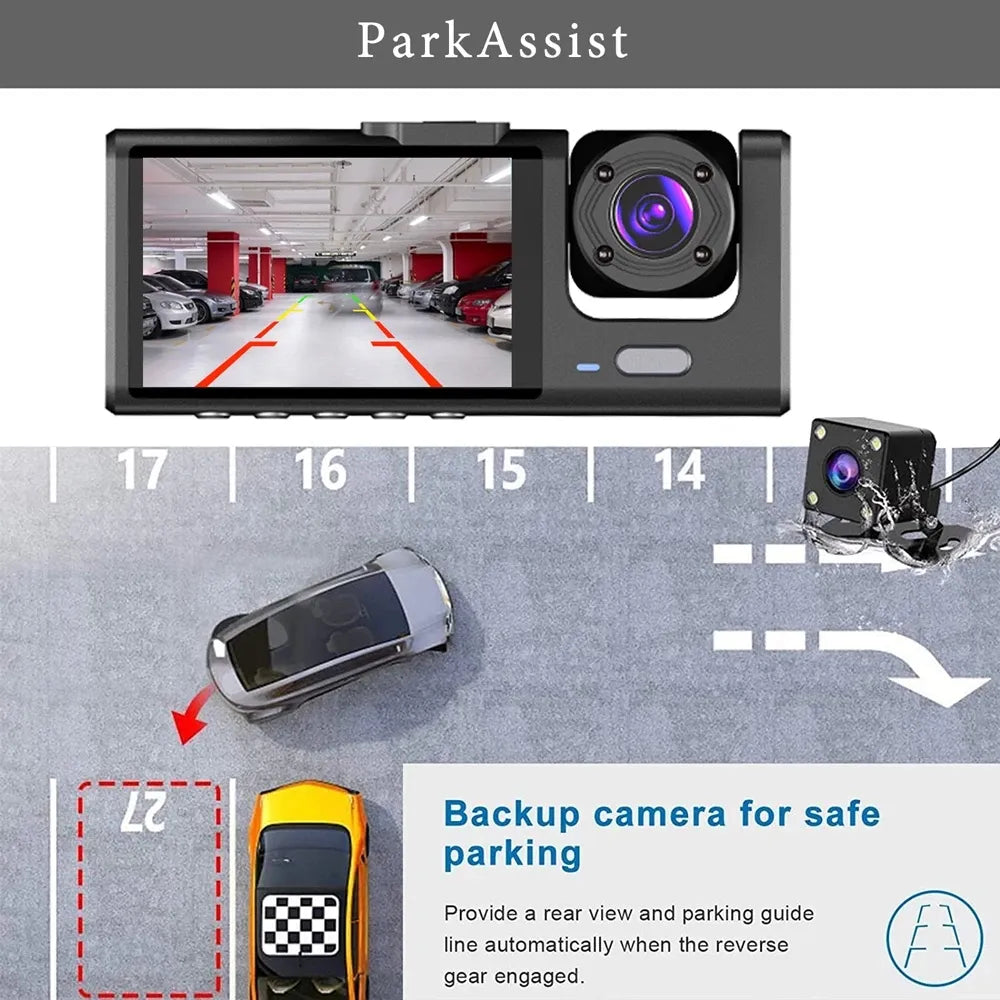 "Ultimate 3-Lens Dash Cam: Capture Every Angle with Rear View, 24H Parking Monitor & Black Box Recording!"