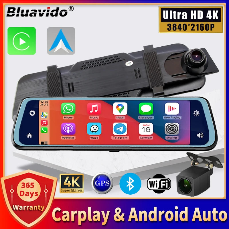 "Ultimate 4K UHD Car Dash Cam with Carplay, Android Auto, GPS, Rearview Mirror, and WIFI - Your All-in-One Car DVR Video Camera!"