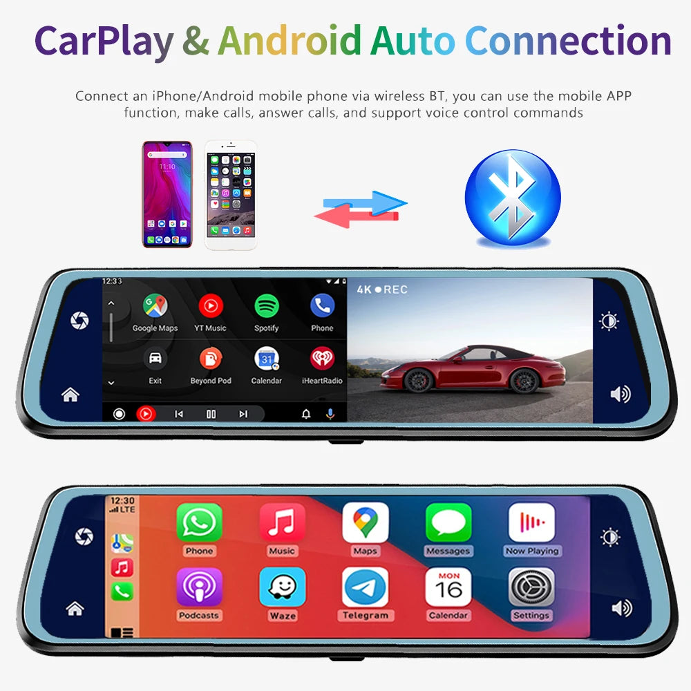 "Ultimate 4K UHD Car Dash Cam with Carplay, Android Auto, GPS, Rearview Mirror, and WIFI - Your All-in-One Car DVR Video Camera!"