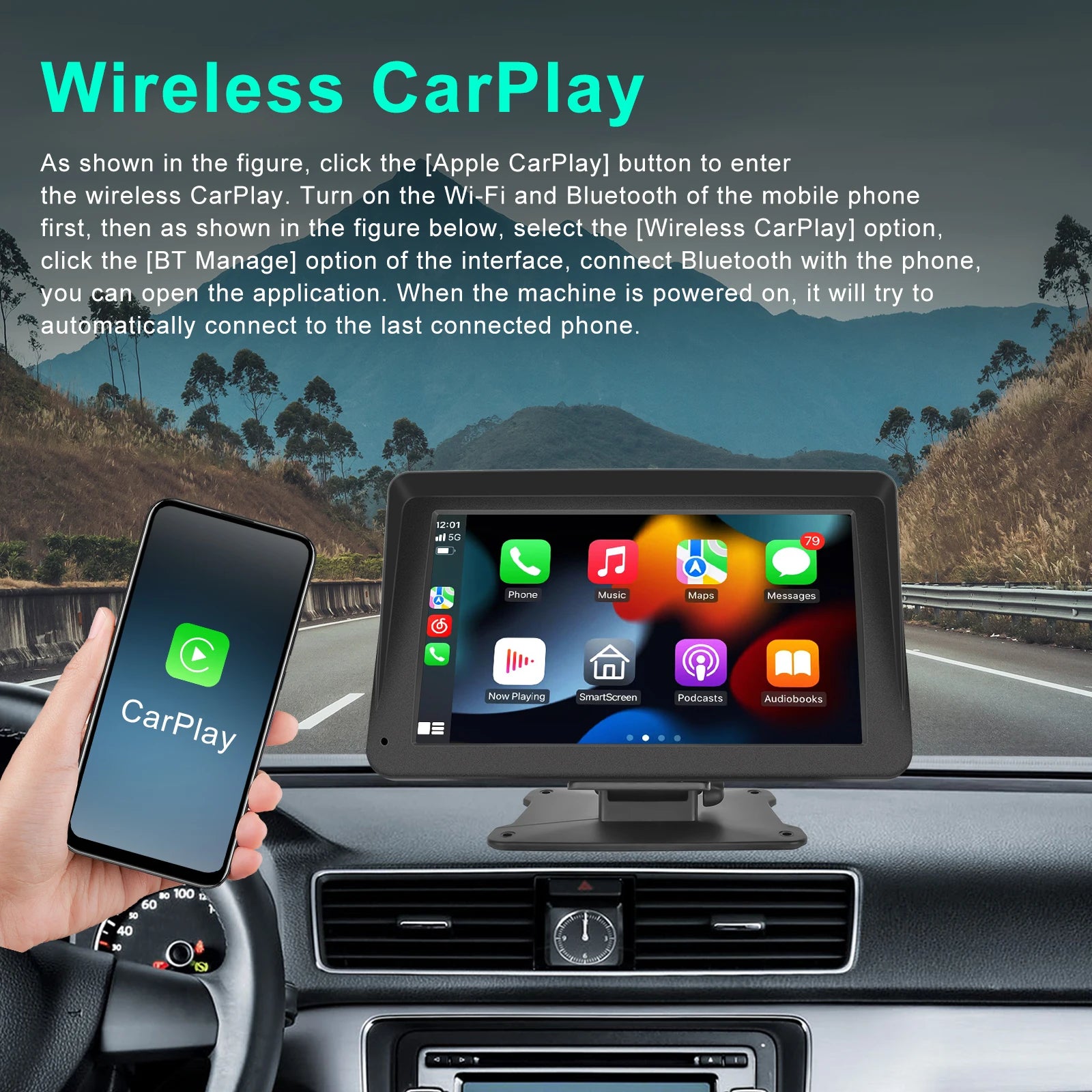 "7" Touch Screen Car Mirror with Carplay, Android Auto, Voice Control, and Dashboard DVR"