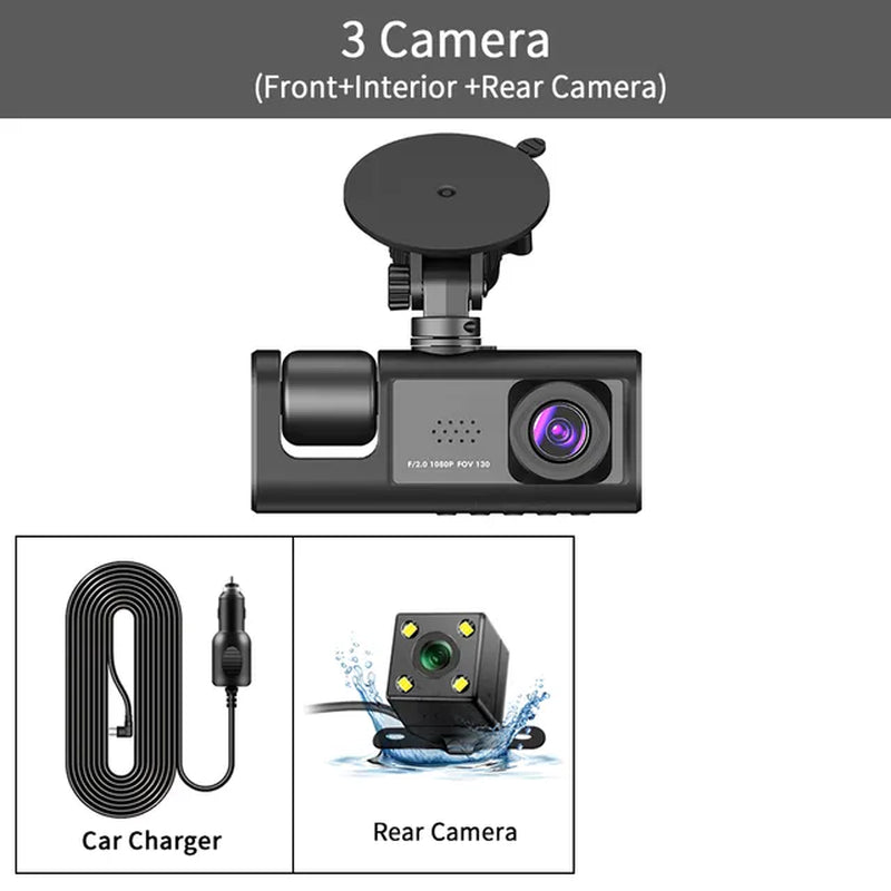 "Ultimate 3-Lens Dash Cam: Capture Every Angle with Rear View, 24H Parking Monitor & Black Box Recording!"